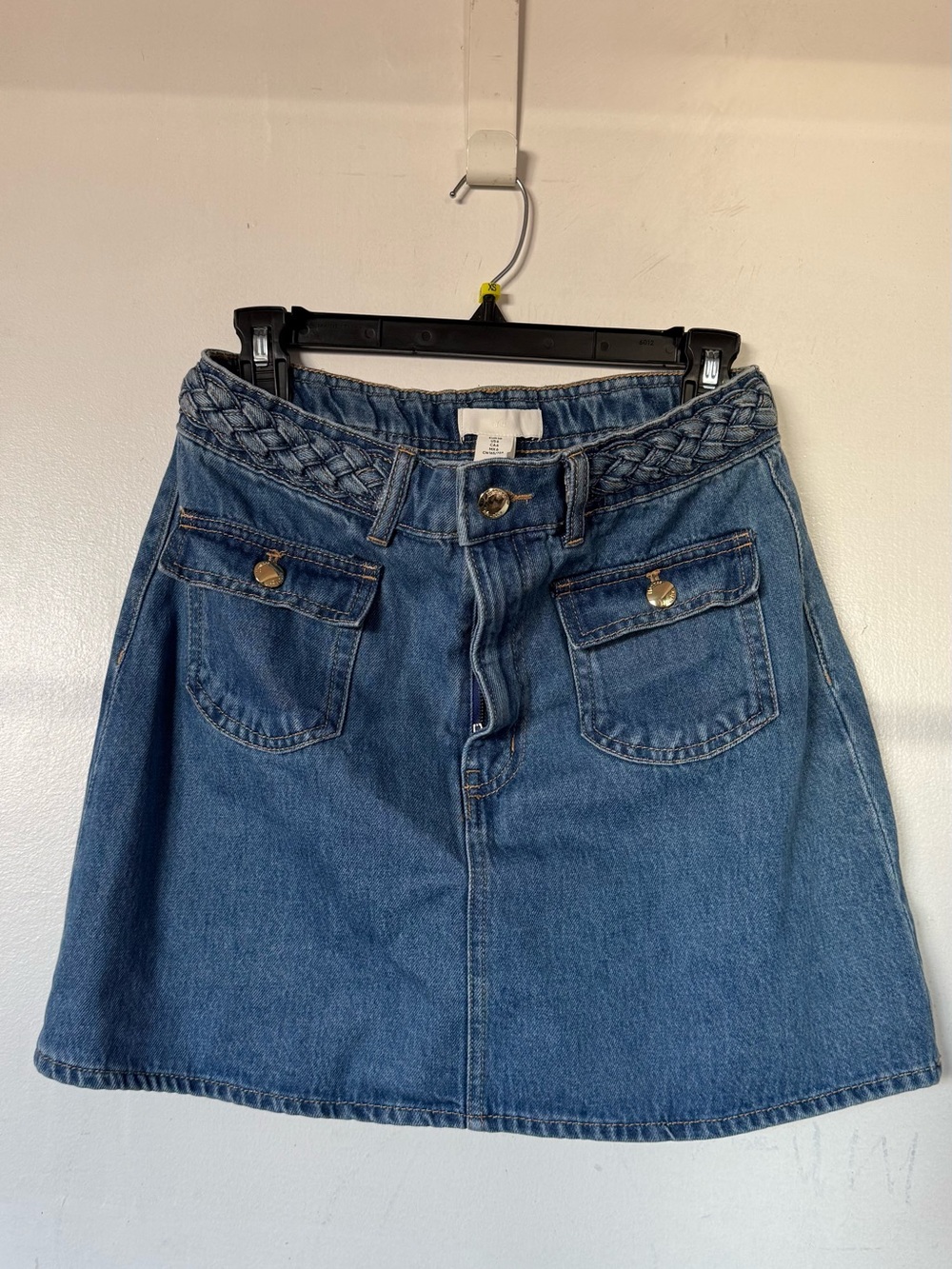 Denim A-Line Skirt with Braided Waistband - Blue